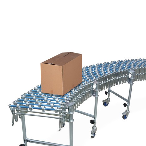 Transportador extensible de rodillos con tope final de 1,20 a 4,8M. Altura 500-580mm.